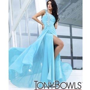 TONY BOWLS BEADED ONE SHOULDER HIGH SLIT CASCADE TRAIN PROM PAGEANT FORMAL GOWN